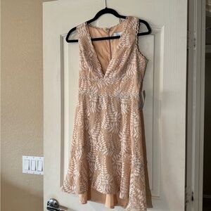 Adelyn Rae Lace V-Neck Mini Dress in Cream and Tan